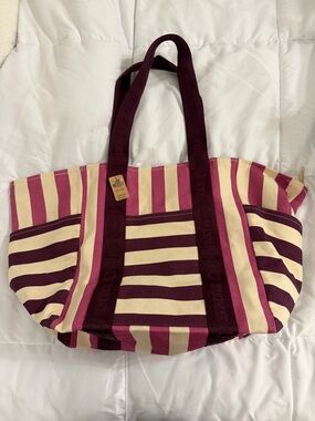 VS PINK Striped Canvas Tote Bag in Burgundy and Cream